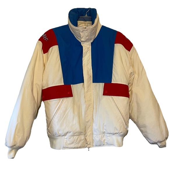 Vintage 90s Olympics Ultrex Sun Ice Beige Blue Red Ski Puffer Jacket SZ S Women - Picture 1 of 13